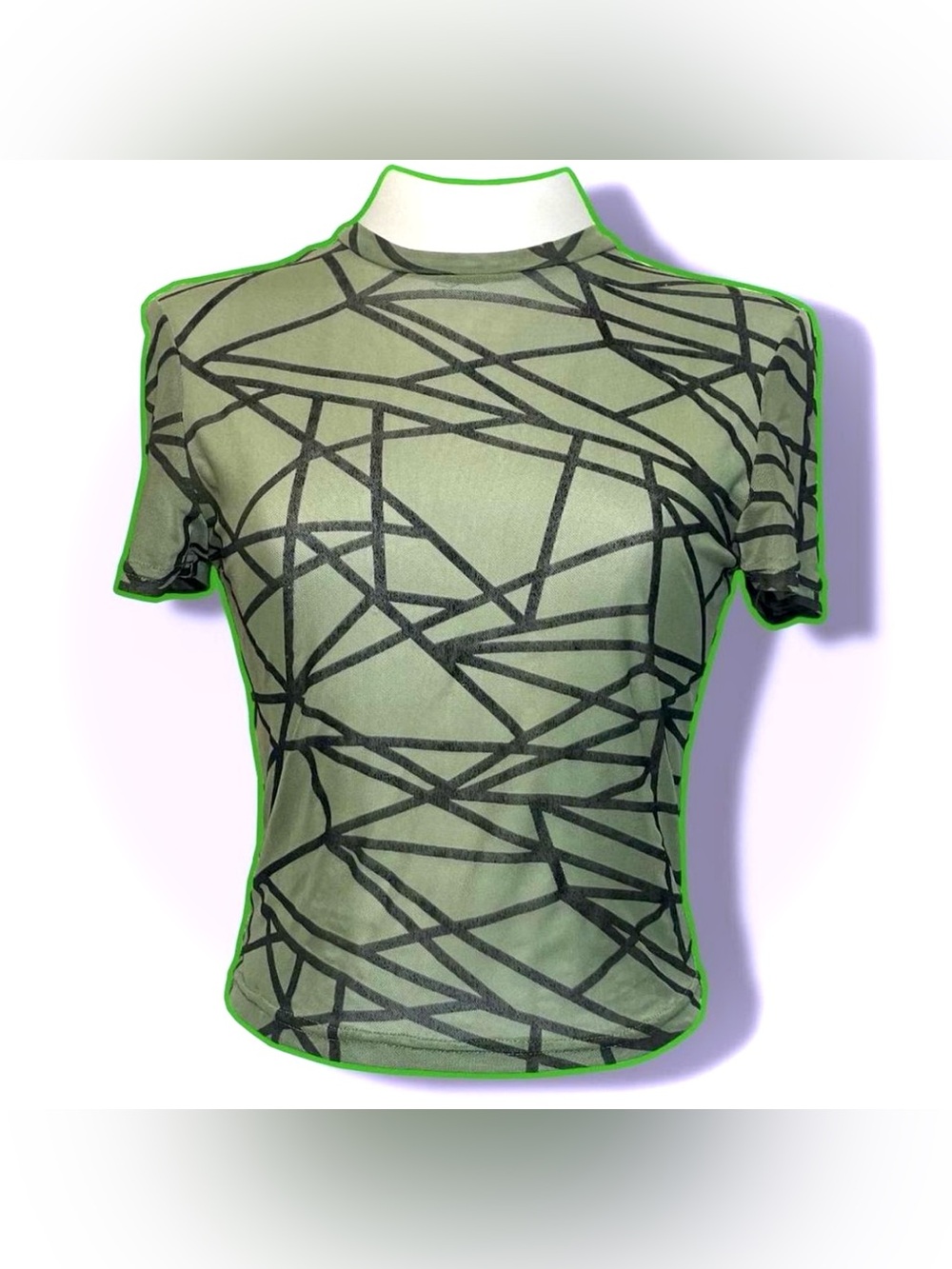 Shasa Olive Green Sheer Tee with Black Geometric Print
